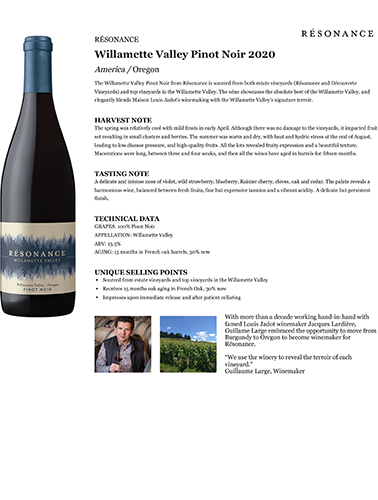 Willamette Valley Pinot Noir 2020 Fact Sheet