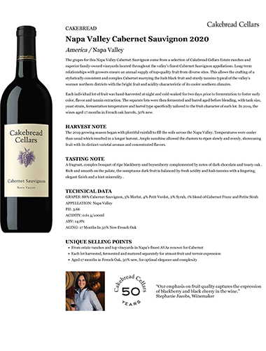 Napa Valley Cabernet Sauvignon 2020 Fact Sheet