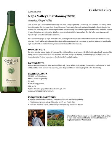 Napa Valley Chardonnay 2020 Fact Sheet