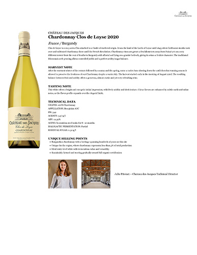 Chardonnay Clos de Loyse 2020 Fact Sheet