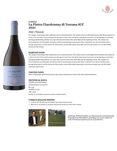 La Pietra Chardonnay di Toscana IGT 2021 Fact Sheet