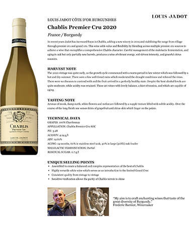 Chablis Premier Cru 2020 Fact Sheet