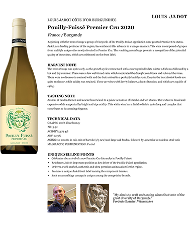 Pouilly-Fuissé Premier Cru 2020 Fact Sheet