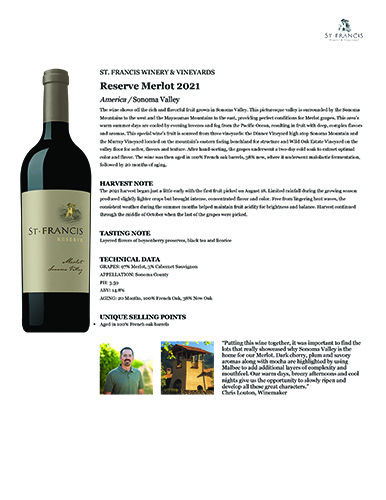 Reserve Merlot 2021 Fact Sheet