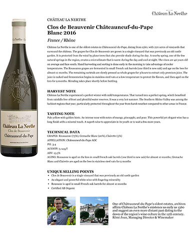 Clos de Beauvenir Châteauneuf-du-Pape Blanc 2016 Fact Sheet