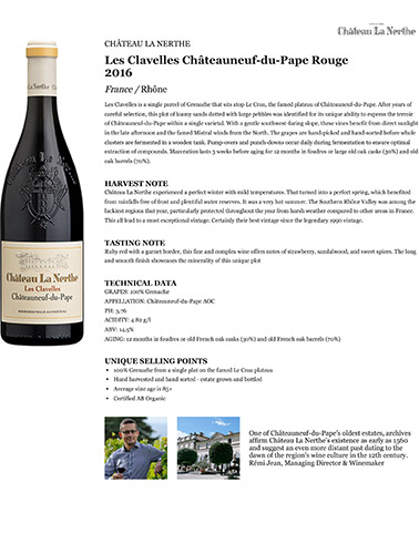 Les Clavelles Châteauneuf-du-Pape Rouge 2016 Fact Sheet