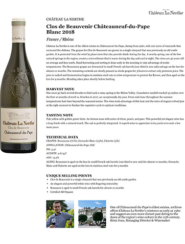 Clos de Beauvenir Châteauneuf-du-Pape Blanc 2018 Fact Sheet