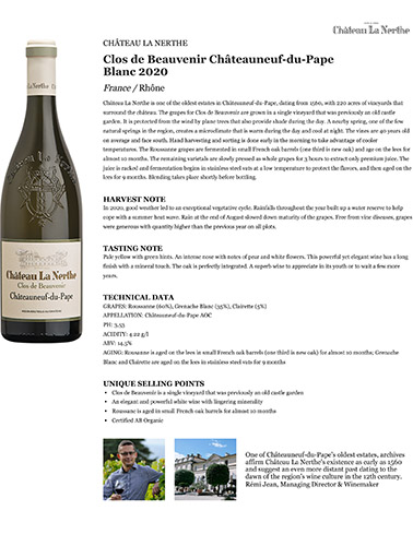 Clos de Beauvenir Châteauneuf-du-Pape Blanc 2020 Fact Sheet