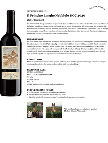 Il Principe Langhe Nebbiolo DOC 2020 Fact Sheet