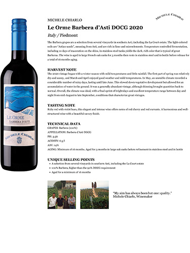 Le Orme Barbera d’Asti DOCG 2020 Fact Sheet