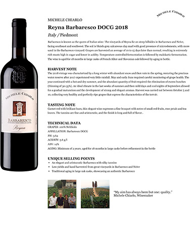 Reyna Barbaresco DOCG 2018 Fact Sheet