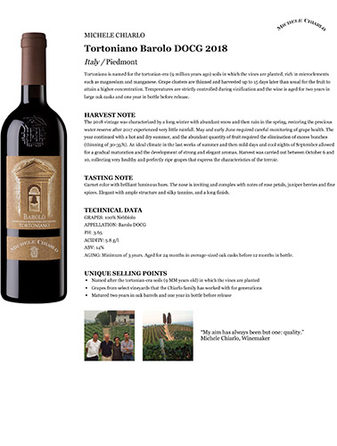 Tortoniano Barolo DOCG 2018 Fact Sheet