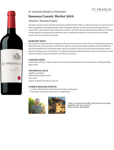 Sonoma County Merlot 2019 Fact Sheet