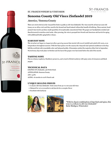 Sonoma County Old Vines Zinfandel 2019 Fact Sheet