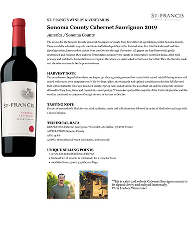 Sonoma County Cabernet Sauvignon 2019 Fact Sheet