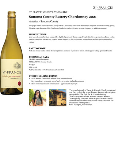 Sonoma County Buttery Chardonnay 2021 Fact Sheet