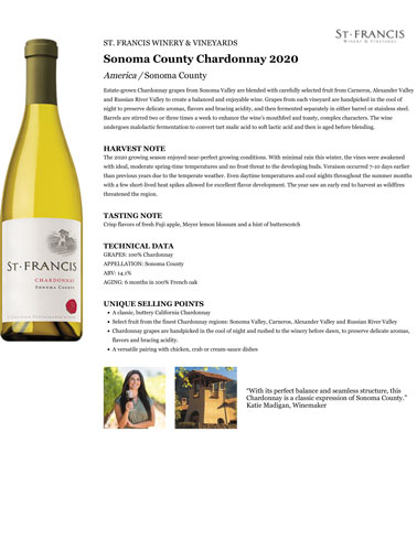 Sonoma County Chardonnay 2020 Fact Sheet