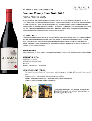 Sonoma County Pinot Noir 2020 Fact Sheet