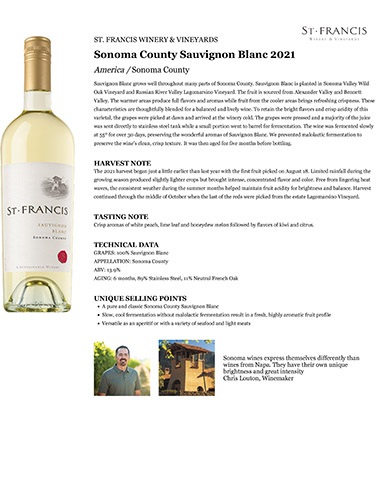 Sonoma County Sauvignon Blanc 2021 Fact Sheet