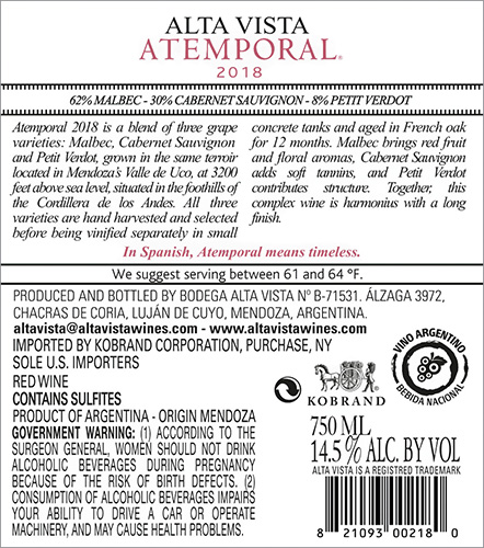 Atemporal Blend 2018 Back Label