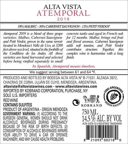 Atemporal Blend 2019 Back Label
