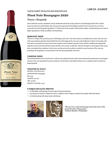 Pinot Noir Bourgogne 2020 Fact Sheet