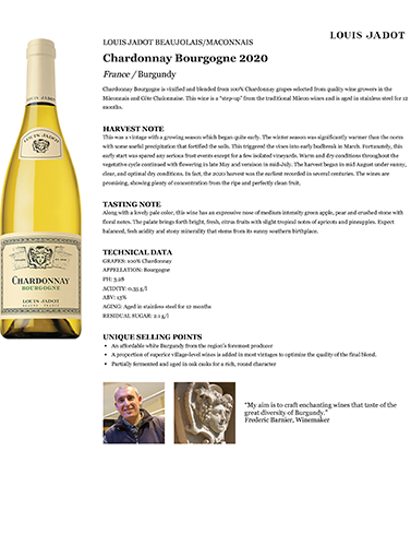Chardonnay Bourgogne 2020 Fact Sheet