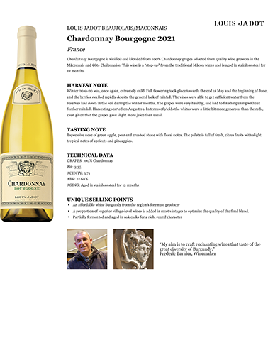 Chardonnay Bourgogne 2021 Fact Sheet