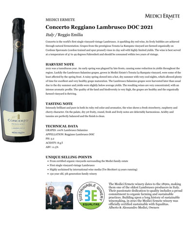 Concerto Reggiano Lambrusco DOC 2021 Fact Sheet