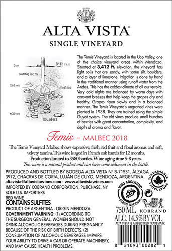 Single Vineyard Temis 2018 Back Label