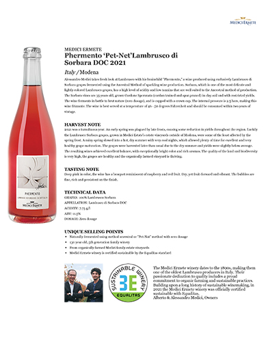 Phermento Methodo Ancestral Lambrusco di Sorbara 2021 Fact Sheet