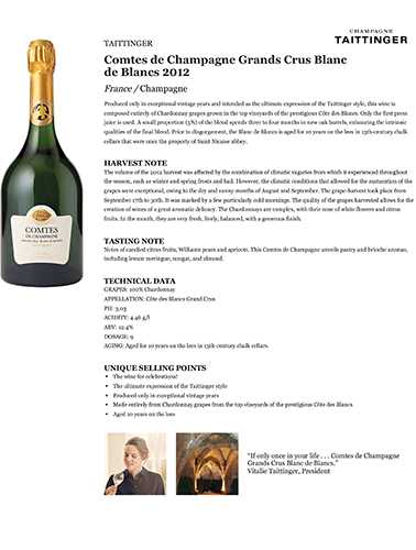 Comtes de Champagne Grands Crus Blanc de Blancs 2012 Fact Sheet