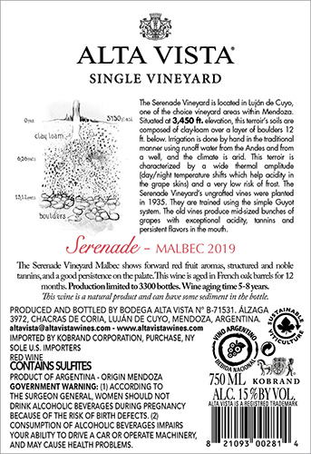 Single Vineyard Serenade 2019 Back Label