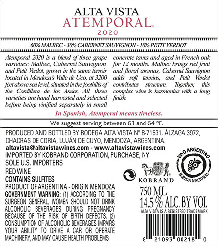 Atemporal Blend 2020 Back Label
