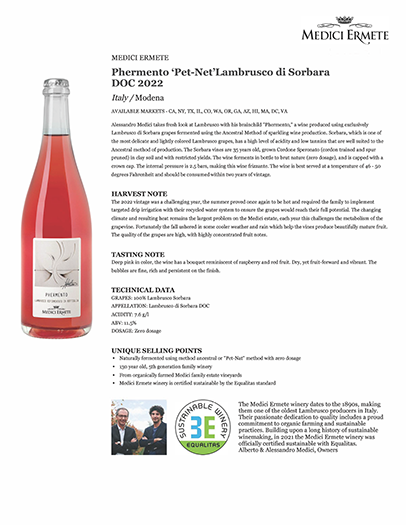 Phermento Methodo Ancestral Lambrusco di Sorbara 2022 Fact Sheet