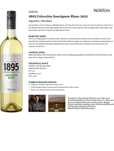 1895 Colección Sauvignon Blanc 2021 Fact Sheet