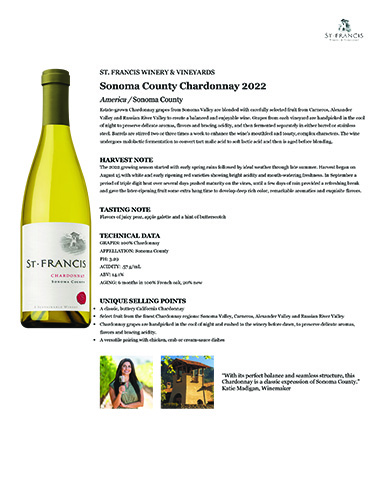 Sonoma County Chardonnay 2022 Fact Sheet