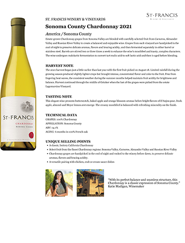 Sonoma County Chardonnay 2021 Fact Sheet