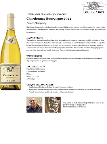 Chardonnay Bourgogne 2022 Fact Sheet