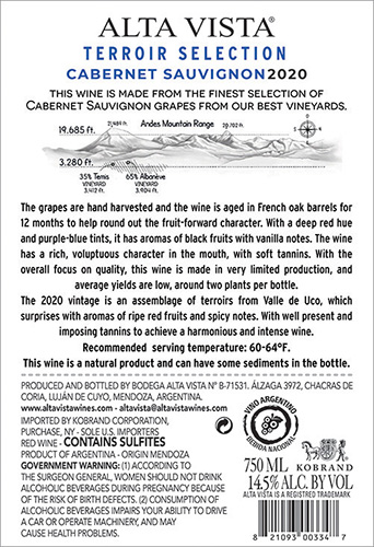 Terroir Selection Cabernet Sauvignon 2020 Back Label