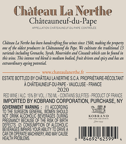 Châteauneuf-du-Pape Rouge 2020 Back Label