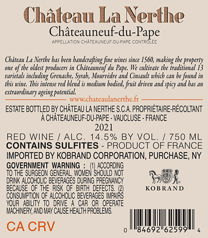 Châteauneuf-du-Pape Rouge 2021 Back Label