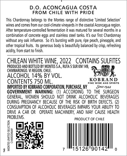 Limited Selection Chardonnay (unoaked) 2022 Back Label