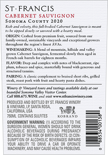 Sonoma County Cabernet Sauvignon 2020 Back Label
