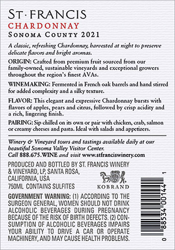 Sonoma County Chardonnay 2021 Back Label