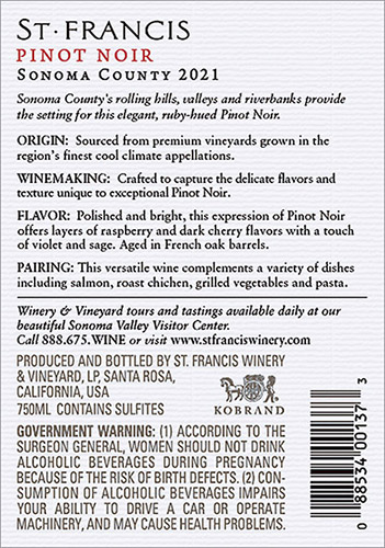 Sonoma County Pinot Noir 2021 Back Label