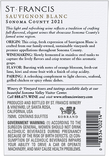 Sonoma County Sauvignon Blanc 2021 Back Label
