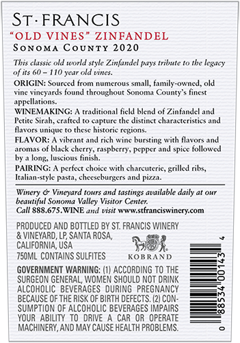 Sonoma County Old Vines Zinfandel 2020 Back Label