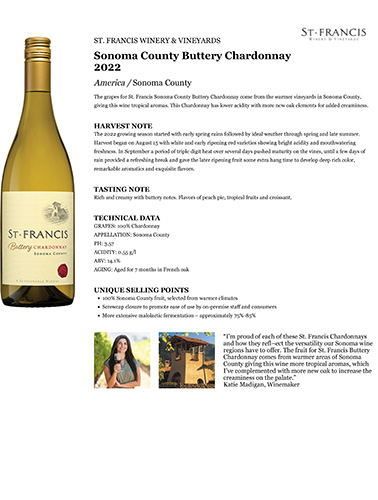 Sonoma County Buttery Chardonnay 2022 Fact Sheet