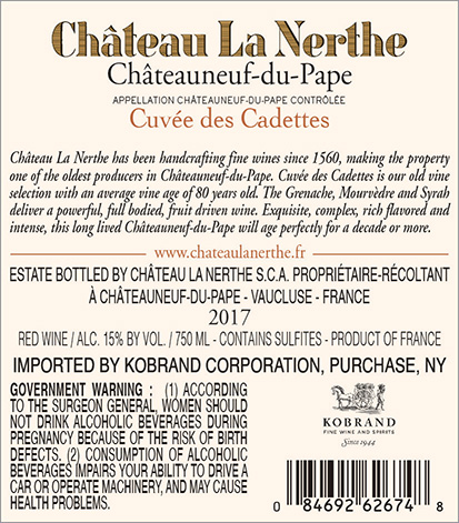 Cuvée des Cadettes Châteauneuf-du-Pape 2017 Back Label